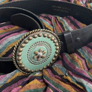 Black Leather Belt with Turquoise Buckle